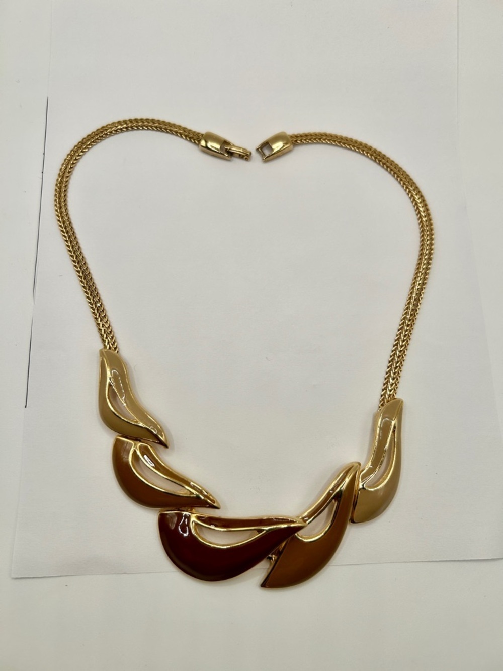 Vintage Gold Enamel Chain Necklace with Brown Tan Beige design - Picture 6 of 16